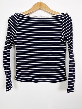 Mango Women’s Navy & White Striped Cotton Long Sleeve Boatneck Top Size Medium